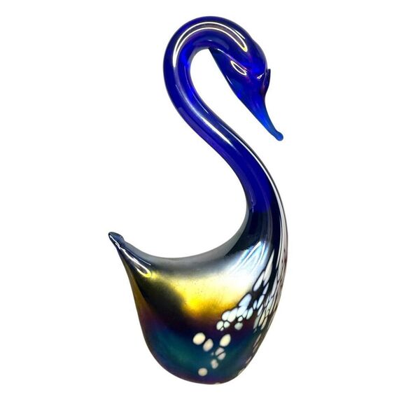 Vintage Iridescent Cobalt Blue Glass Swans Art Hand Blown Glass Set of 2 - Picture 5 of 7